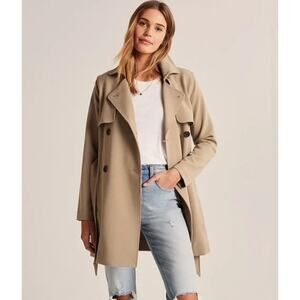 Abercrombie & Fitch Drapey Trench Coat Double Breasted Long Jacket Belted, Tan